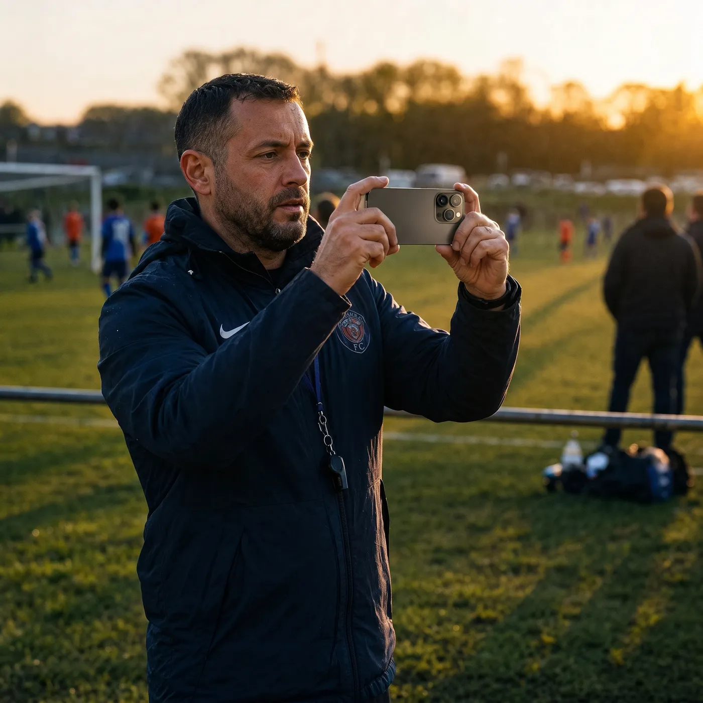 A coach filming a match on a phone from the touchline