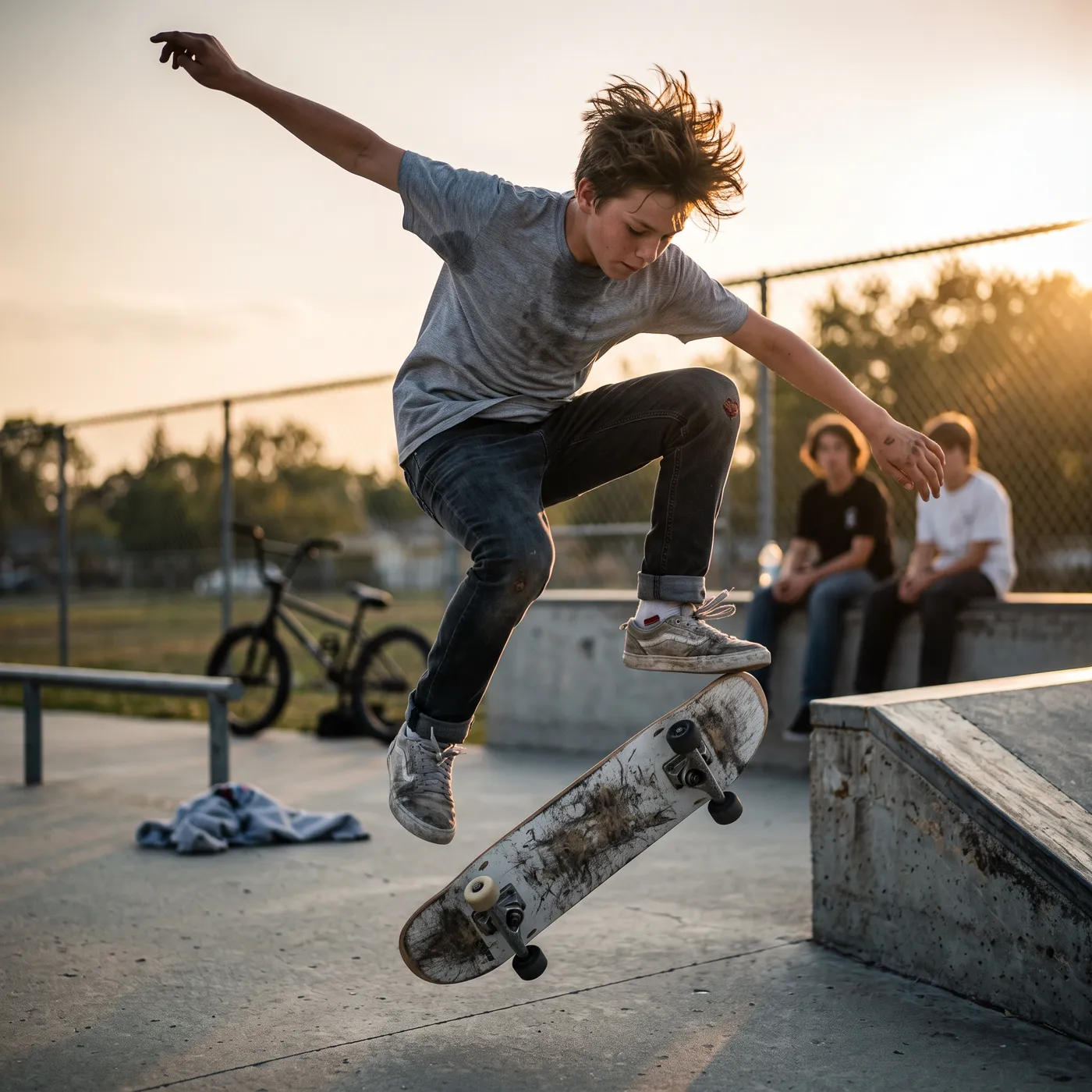 A skateboarder mid trick at a skate park at sunset