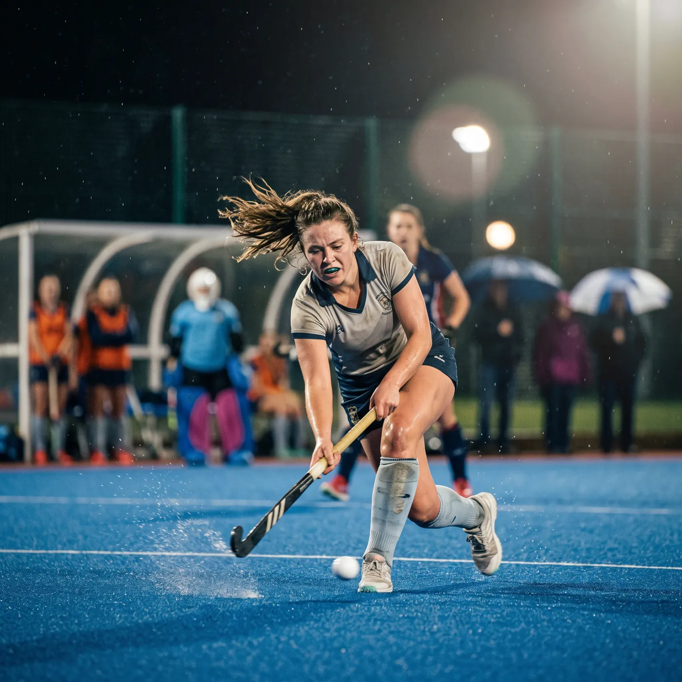 A hockey player striking the ball under floodlights in the rain