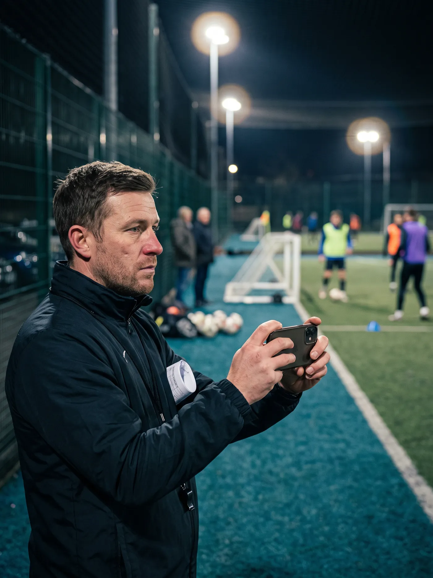 A coach filming a training session under floodlights