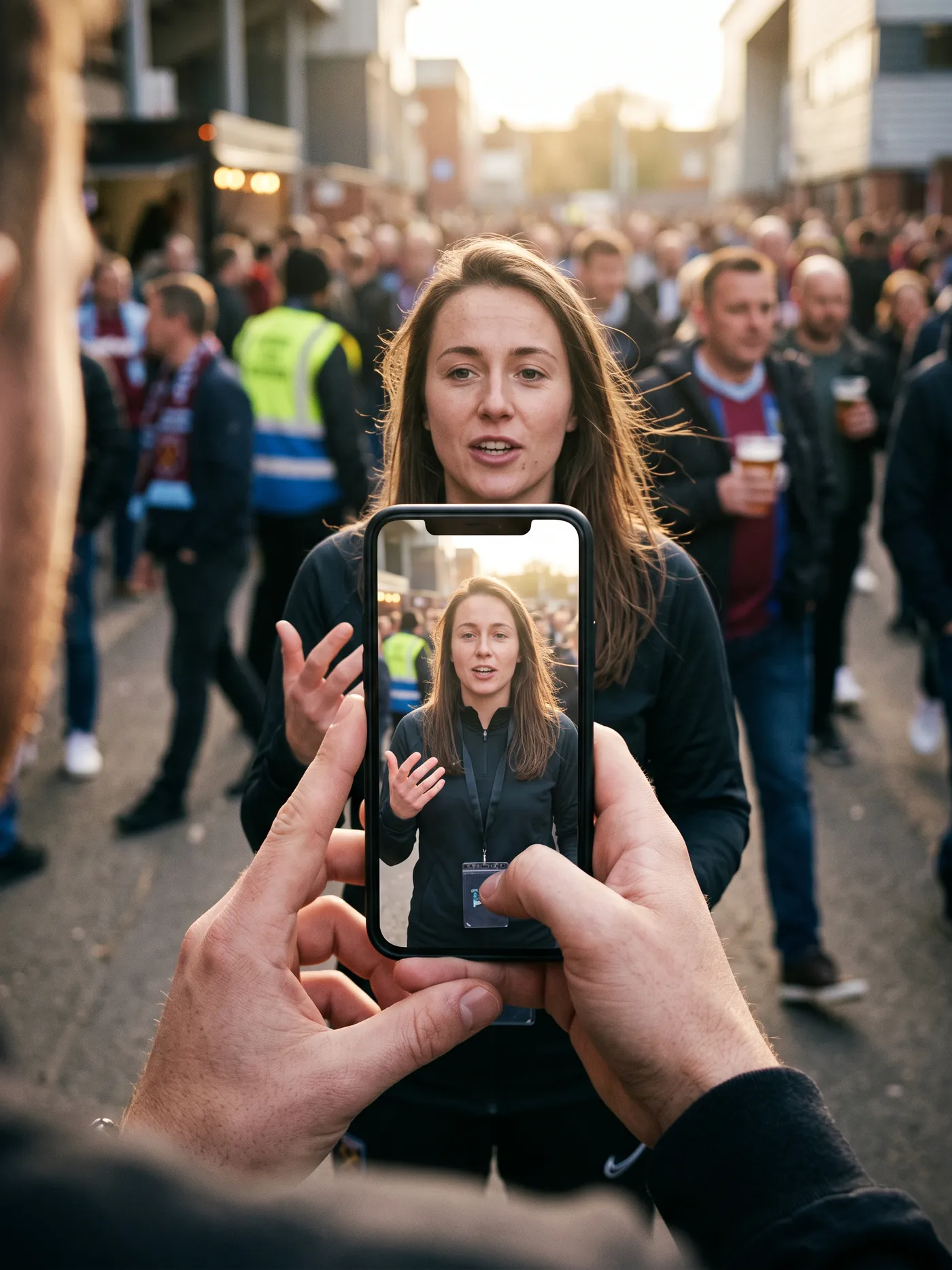 A reporter being filmed on a phone outside a ground