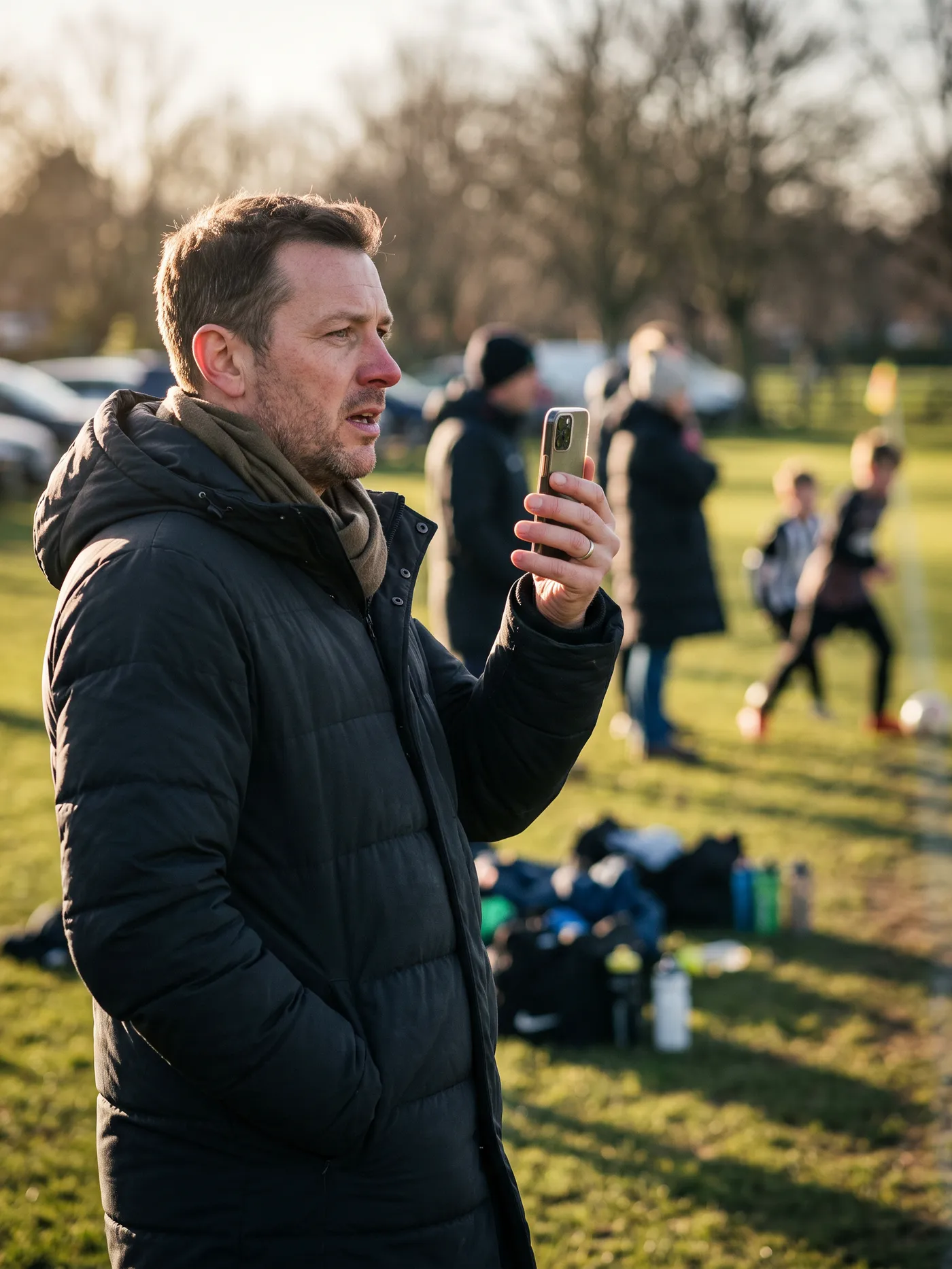 A parent filming a junior match from the side of a park pitch