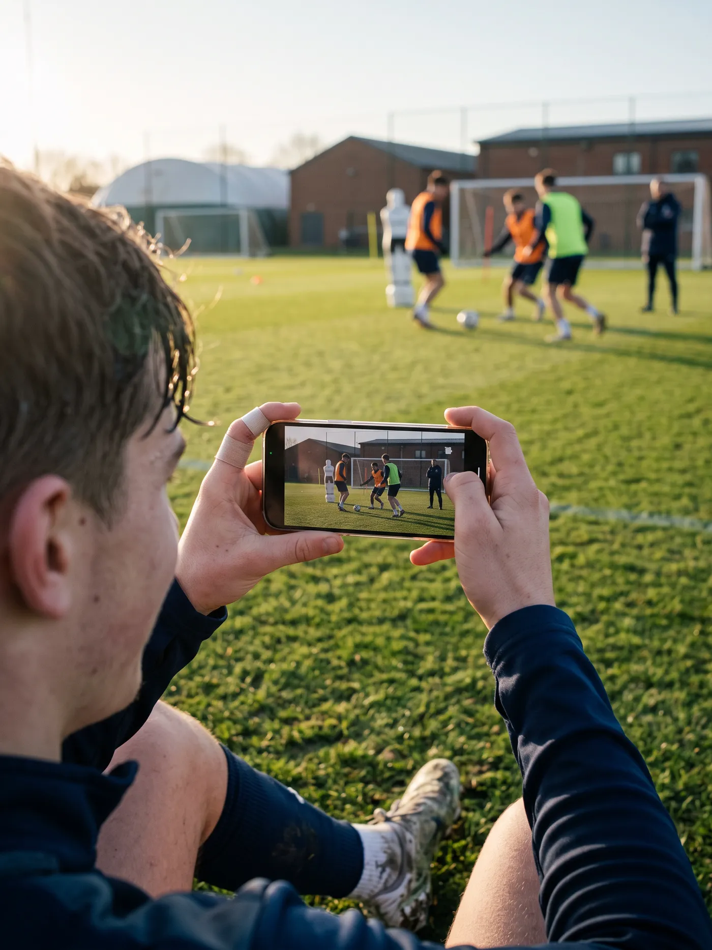 A player filming his team mates from the side of the pitch