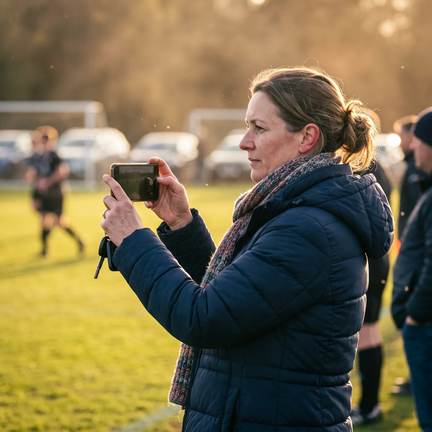 A parent filming a match on her phone from the touchline